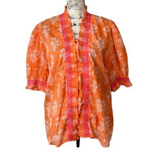 Lola Australia Boho Floral Blouse Short Puff Sleeve Cotton Top Coral Women Sz L